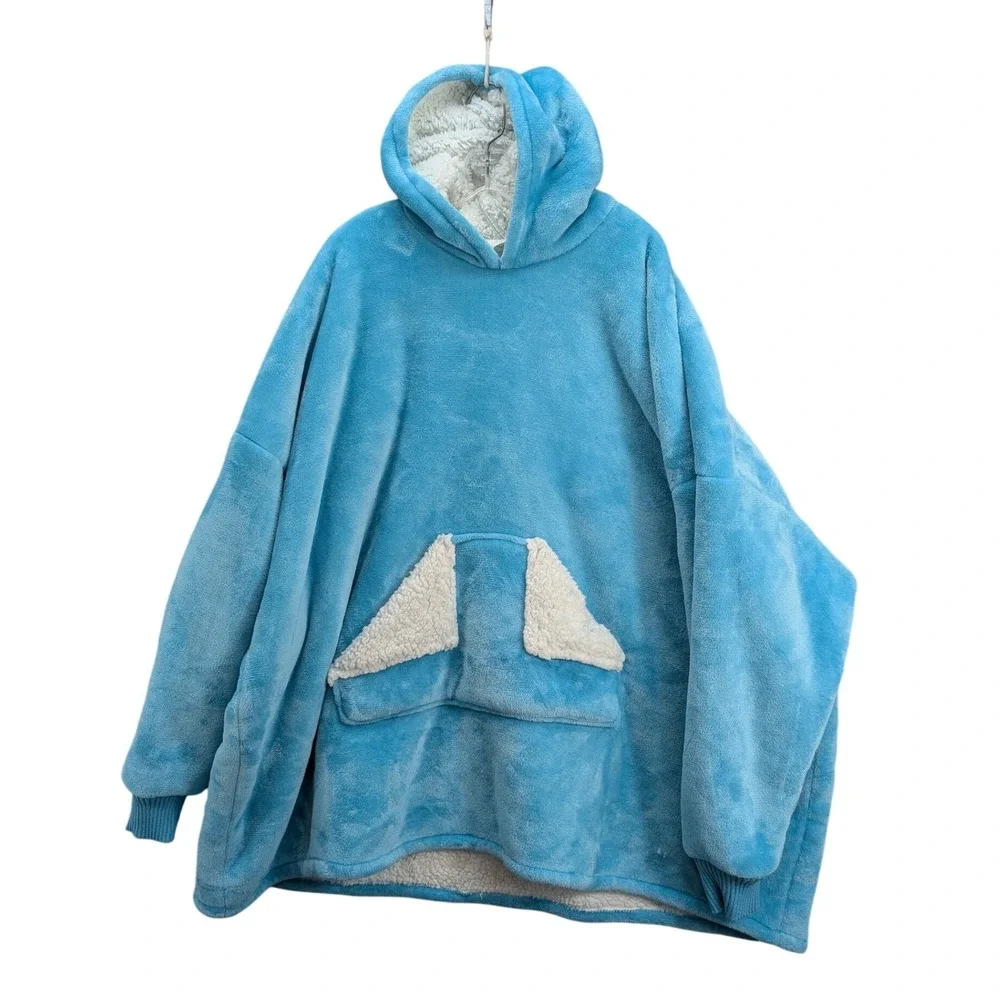 Touchal Wearable‎ Blanket Cozy Blue Sherpa Lined Hooded Oversized Pouch Pocket